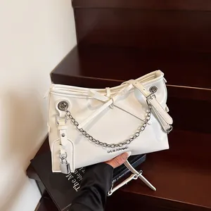 Women's High Capacity PU Leather Tote Bag Fashion Bowknot Decoration With Chain Shoulder Strap Padlock Pendant Crossbody Bag