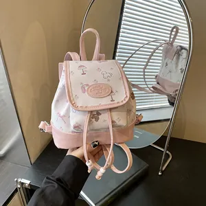 Mini Cartoon Print Backpack Contrast Color PU Leather Drawstring Bucket Bag For Girls Korean Sweet Floral Shoulder Bag