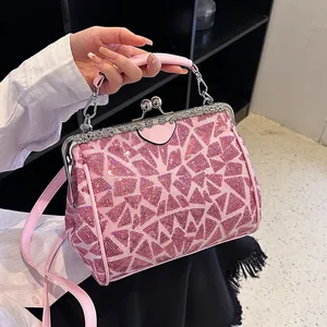 Sac Bandoulière Vintage à Paillettes pour Femmes Rétro Fermoir Baiser Sac à Main Patchwork Géométrique Pochette de Soirée Brillante