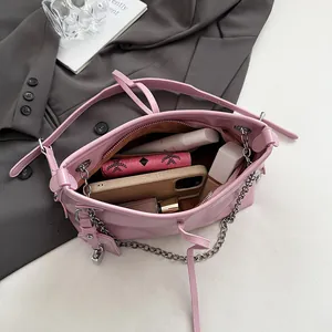 Pink large-capacity PU leather tote bag with chain strap and interior organizer space