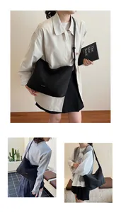 Detail of adjustable strap and micro logo on minimalist black canvas crossbody bag