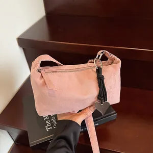 Urban Minimalist Suede Underarm Bag Women Fashion Heart Pendant Baguette Bag Solid Color Zipper Shoulder Handbag