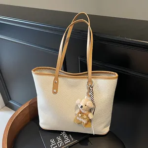 Women Large Capacity Tote Bag Minimalist PU Leather Commuting Shoulder Bag Contrast Color With Teddy Bear Charm