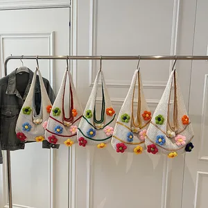 Handmade crochet floral tote bags with woven hollow mesh in five colorful summer styles