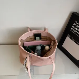 Pink woven texture large capacity tote bag with internal storage for tablet and essentials