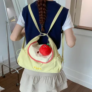Pale yellow fruit themed tote bag with Apple embroidery and cute red apple pendant