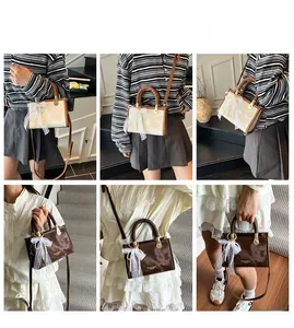 Retro handbag with woven handle and lace bow detail shown in multiple carry styles
