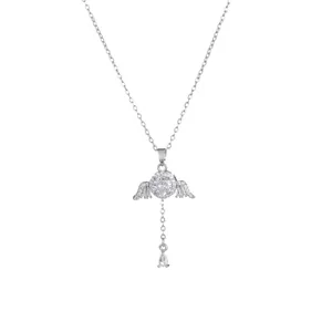 Silver necklace featuring a round zircon pendant with diamond-encrusted wings and pear drop