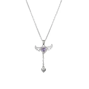 Chic silver necklace featuring purple heart pendant with sparkling wing details