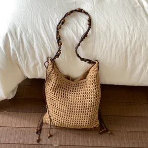 Handmade Woven Straw Tote Bag For Women Bohemian Beach Style Wax Rope Shoulder Bag With Wood Beads Large Capacity Underarm Bag Summer Vacation