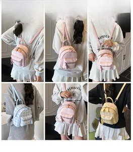 Collage of model wearing mini plaid backpack in pink, light blue and yellow colors