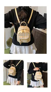 Detail of yellow plaid mini backpack featuring silver zippers and versatile straps