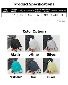 Size chart for egg-shaped mini PU leather backpack showing dimensions and color variants