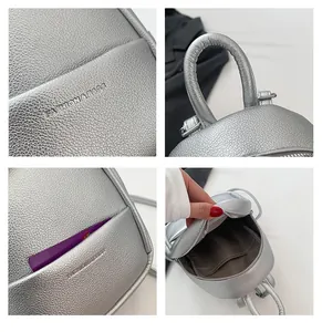 Detailed views of silver egg-shaped backpack showing PU leather texture and interior