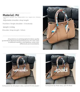 Spécifications détaillées du sac cabas en cuir PU marron avec poignée en foulard