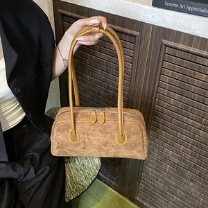 Women Vintage Suede PU Leather Baguette Shoulder Bag Minimalist Contrast Stitching Boston Underarm Bag Daily Office Handbag