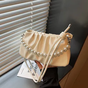 Women Pleated Cloud Shoulder Bag Glossy PU Leather Faux Artificial Pearl Chain Crossbody Bag Elegant Minimalist Underarm Bag Daily Fashion Handbag