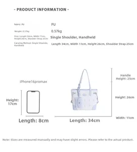 Size comparison of light blue printed PU tote bag with shoulder strap and phone reference