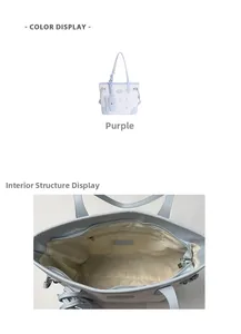 Detail view of purple contrast tote bag showing its interior lining and zipper pocket