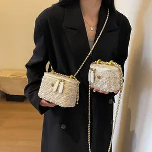 Mini sac boîte chic en tweed beige avec chaîne dorée et détail de camélia élégant