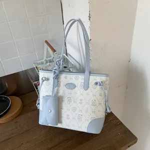 Women Large Capacity Cute Cartoon Bear Print PU Leather Tote Bag And Mini Pouch Sweet Japanese Style Shoulder Handbag