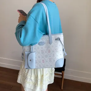 Blue and white contrast bucket bag with cute bear prints and matching small pouch