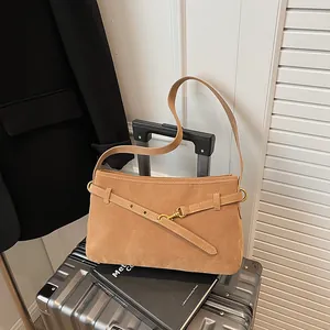 Vintage Suede Underarm Shoulder Bag For Women Fashion Commuter Handbag With Belt Detail Zipper Closure Solid Color
