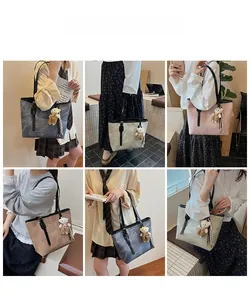 Collage of vintage embossed tote bags in various colors with cute bear charms on models