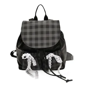 Minimalist large capacity backpack with gray plaid flap and sweet lace bow accents
