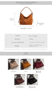Guía de tallas del bolso de gamuza con dimensiones de 31x29x16cm y detalles del material