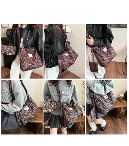Collage of model wearing a leopard print canvas tote bag with matching pouch and wide strap