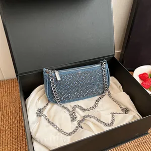 French Niche Design Denim Underarm Bag For Women Fashion Chain Rhinestone Shoulder Crossbody Small Square Bag Vintage Y2K Style