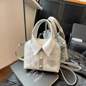 Unique Shirt Collar Design Women Crossbody Bag Metallic PU Leather Shoulder Handbag With Buttons Pocket Adjustable Strap