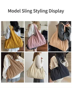 Showcasing six available colors of large capacity nylon hobo bags for various daily styles