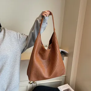 Women Fashion Woven Large Capacity Hobo Bag PU Leather Shoulder Tote Bag For Commuting Casual Underarm Handbag