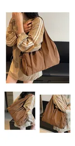Three-angle views showing the soft texture and large capacity of this brown nylon tote bag