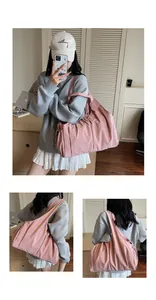 Collage of pink nylon tote bag showing front and side views with wide shoulder strap