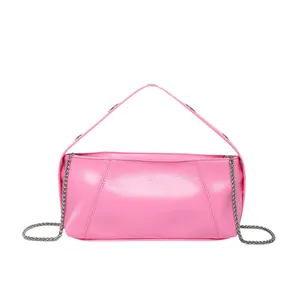 Pink large-capacity cylinder shoulder bag with metal chain strap and top handle