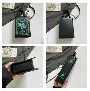 Detail shots of book-shaped PU leather crossbody bag featuring Wicked Witch design and chain