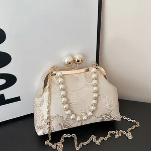Vintage Jacquard Floral Evening Bag For Women Elegant Artificial Pearl Handle Handbag With Metal Chain Strap Retro Shell Crossbody Clutch Bag
