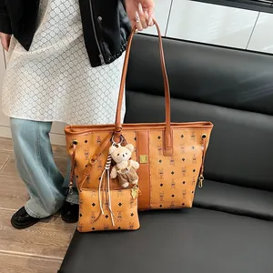 Women Fashion PU Leather Tote Bag Set Cartoon Rabbit Monogram Print Large Capacity Shoulder Bag With Small Pouch Bear Charm Set