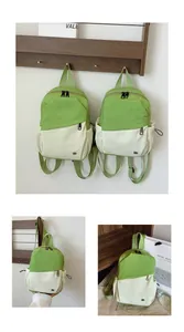 Detalles de mochila de nailon verde claro y beige con bolsillos de cremallera y diseño