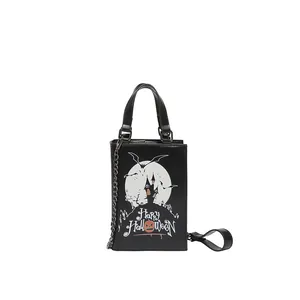 Halloween pumpkin pattern handbag with metal chain and cross-body shoulder strap