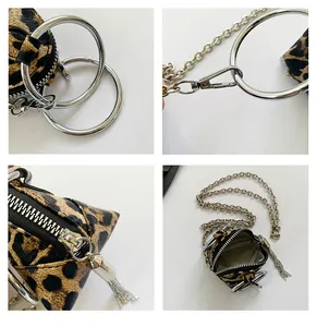 Detailed views of leopard print mini bag with silver ring handle and tassel zipper