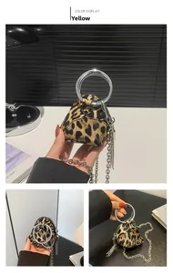 Macro detail of mini leopard print triangle bag featuring round silver metal handle and chain