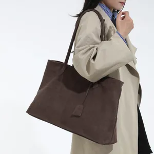 Large dark brown suede tote bag for women, minimalist shoulder bag for office and commute