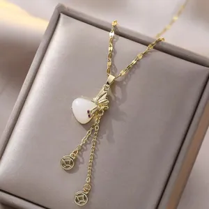 Heart Shape White Faux Jade Pendant Necklace With Lucky Bag And Tassel Titanium Steel Vintage Chinese Style For Women