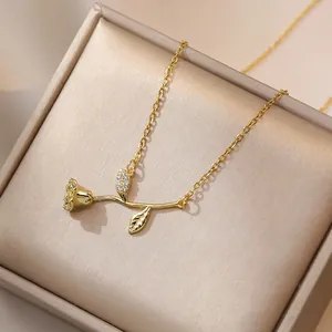 Collana Con Ciondolo Fiore Di Rosa Da Donna Acciaio Inossidabile Zirconia Cubica Incastonata Stile Francese Elegante Gioielli