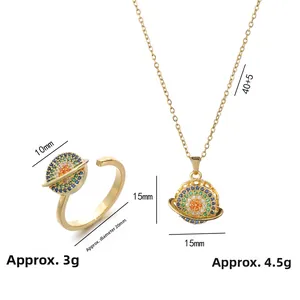 Detailed view of spinning Saturn jewelry set with colorful stones and measurements