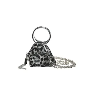 Mini triangle leopard print shoulder bag with large silver round handle and chain
